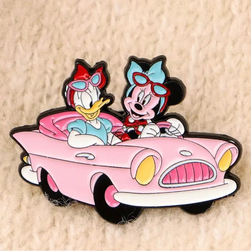 Daisy & Minnie Pink Car Enamel Pin with Cartoon Characters
